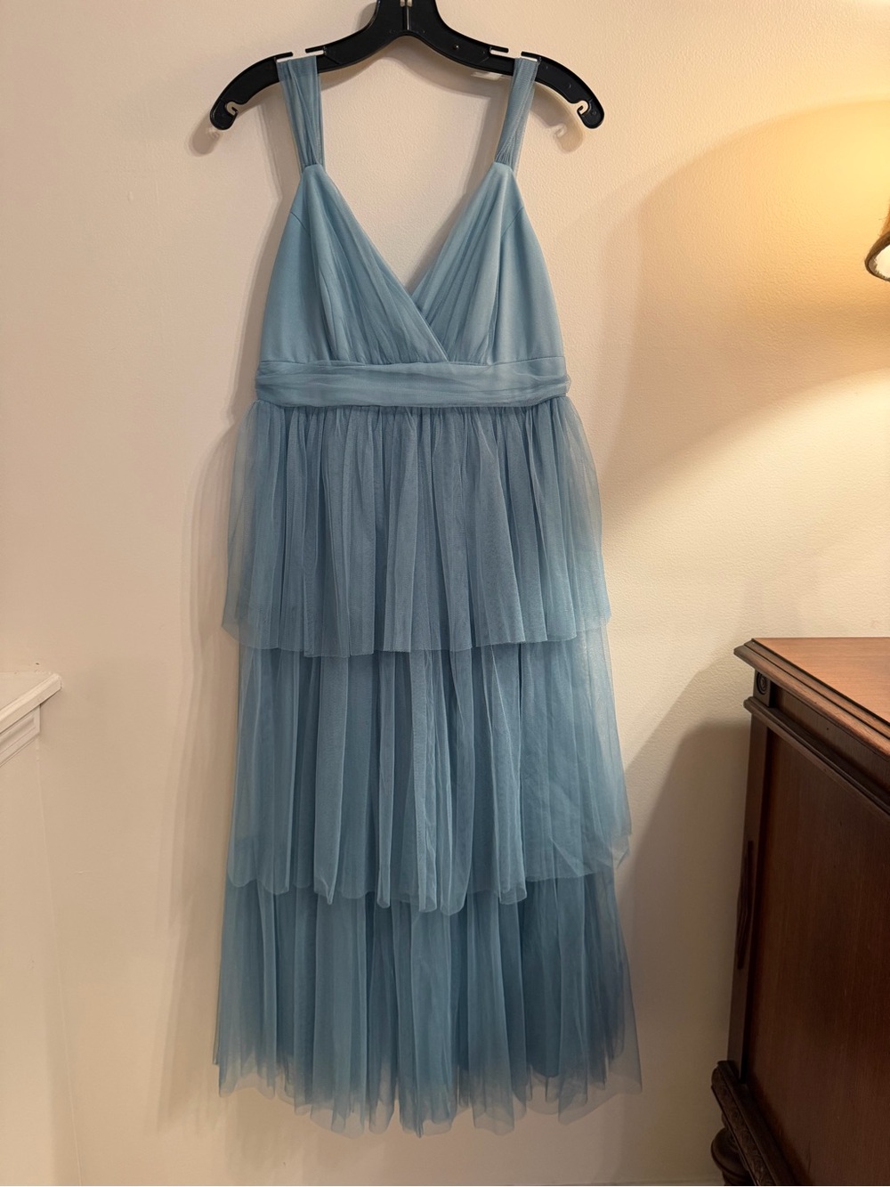 Ever Pretty Elegant Tiered Tulle tea length Dress in Dusty Blue